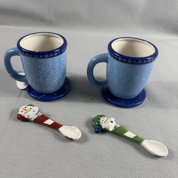 Snowman Coffee Cocoa Cup Mug Set Of 2 Each Cup Spoon Coaster Ceramic 2012 NEW - Picture 5 of 12